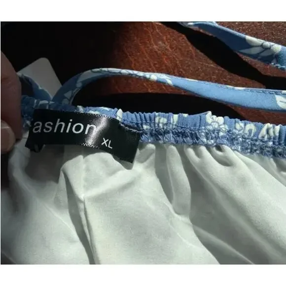 NWT Blue White Floral Spaghetti Strap Flowy Wide Leg Pantsuit Jumper Jumpsuit XL - Picture 5 of 16